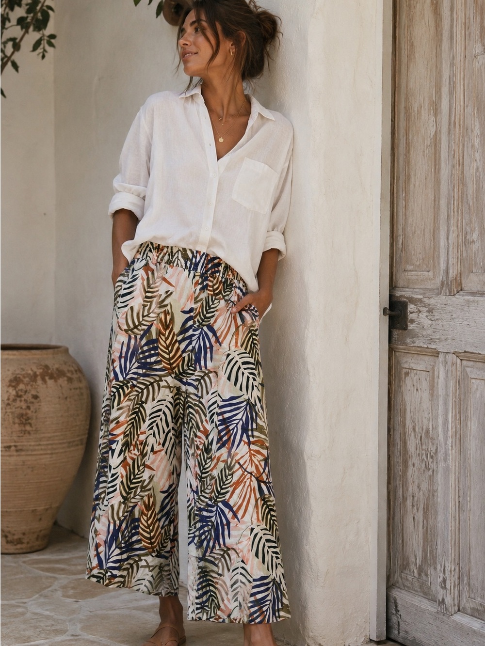 Tahari 100% Linen Tropical Leaf Wide Leg Crop Pants Medium Resort Coastal Boho